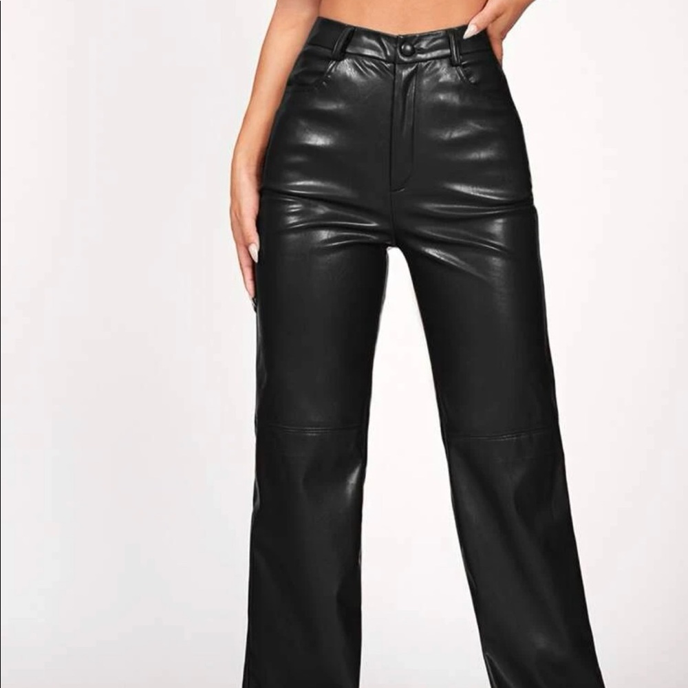 Petite solid PU leather straight leg pants